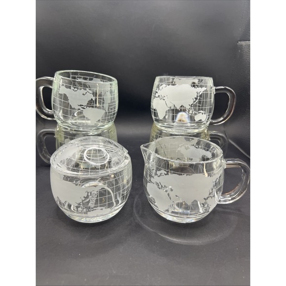 Vintage Nestle Nescafe Glass Coffee Mugs Set of 4 World Globe Creamer Sugar Lid